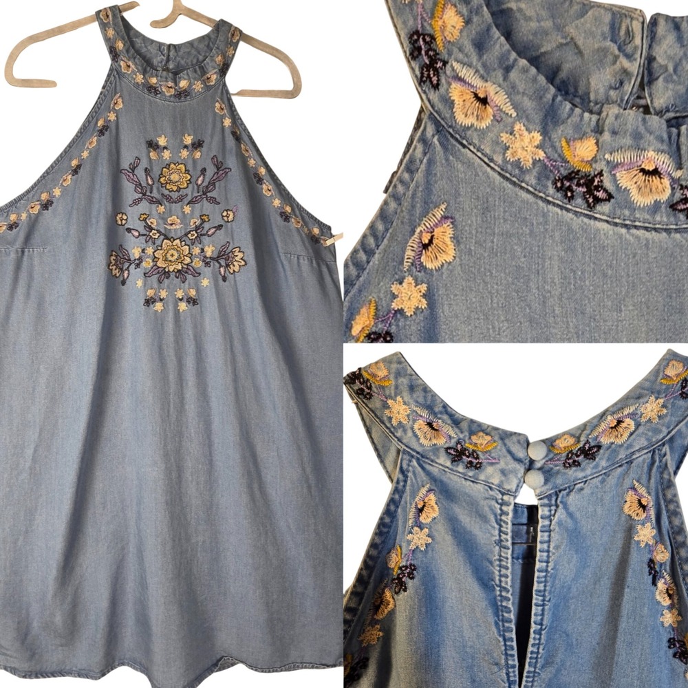 Blue Rain Embroidered Floral Boho Halter Mini Dress Festival Indie Artsy Medium
